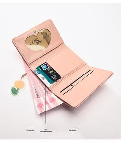 Pink tri-fold wallet with heart-shaped photo window and cute tulip pendant detail