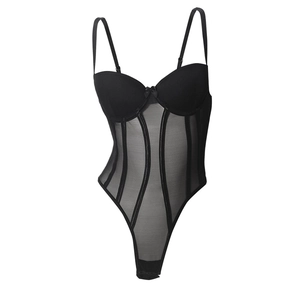 Detail of black mesh bodysuit with boning structure and dainty bow at the neckline