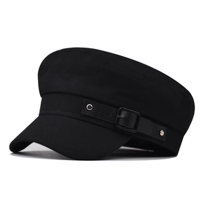 Newsboy Cap Women Cotton Fabric Military Flat Top Sailor Hat PU Leather Buckle Trim Vintage British Style Sun Protection