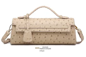 Macro detail of khaki ostrich pattern leather texture and gold hardware on the handbag