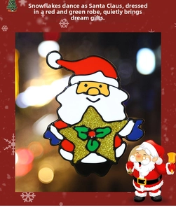 Détail de l'autocollant Père Noël avec paillettes dorées et motifs trèfles pour fenêtres