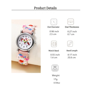 Dimensions détaillées pour montre licorne rose avec spécifications du bracelet silicone