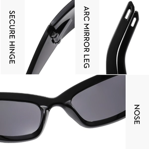 Detail view of secure hinges and ergonomic arc temples on black Y2K sunglasses