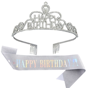 Silver crystal birthday crown and glitter sash set with Happy Birthday text
