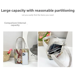 Detail showing interior compartments and compact size of the rabbit canvas tote bag