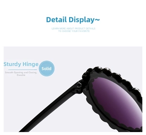 Close-up of durable metal hinge on children round petal sunglasses with purple lens