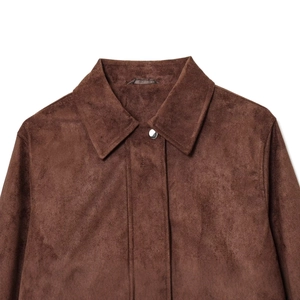 Women's dark brown faux suede short jacket with classic lapel and metallic button