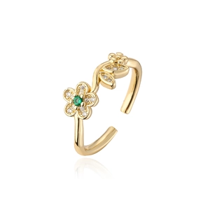 Gold plated floral geometric open ring with green stone and white zircon accents