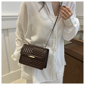 Macro detail of dark brown V-quilted texture and gold metal clasp on chain crossbody bag