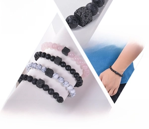 Detail view of natural lava rock and turquoise bead bracelets in four distinct color styles