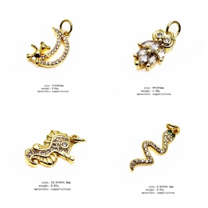 Detail of copper zircon pendants in moon, owl, seahorse and snake shapes with dimensions