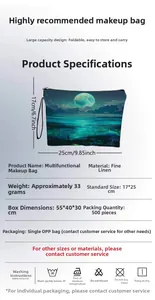 Detail view of linen makeup bag showing moon sea print and 25x17cm product dimensions
