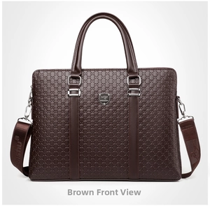 Detailed front view of dark brown leather business briefcase with textured embossing