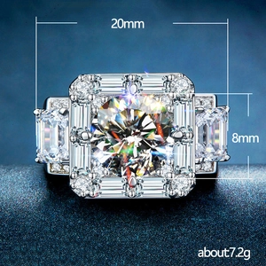 Luxury men's silver ring with baguette zircon halo and round center stone, 20mm wide