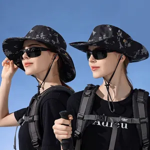 Women's wide brim sun hat with camouflage pattern and adjustable wind rope for hiking