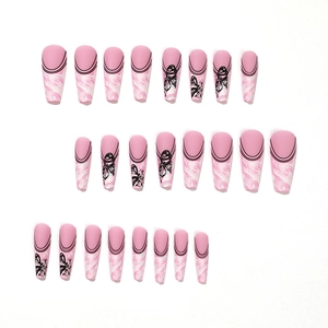 Pink marble press-on nails with butterfly pattern and black lines in long ballet shape