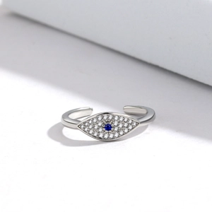 Adjustable Evil Eye ring in S925 silver with blue crystal and white cubic zirconia