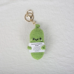 Handmade crochet emotional support pickle keychain with gold hook and message card