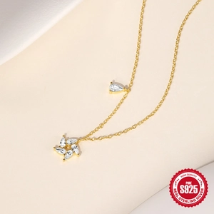 S925 sterling silver gold necklace featuring marquise zircon flower and teardrop pendant
