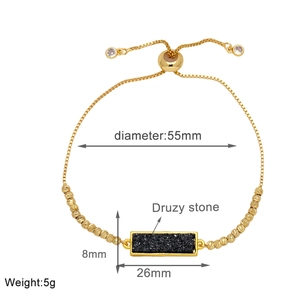 Detailed view of 18k gold plated bracelet with black druzy stone pendant and dimensions