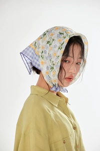 Floral cotton linen scarf with daisy pattern and purple checkered edge on white background