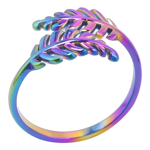 Macro detail of rainbow feather design on adjustable stainless steel open ring