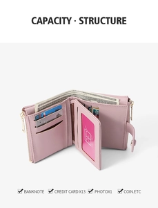 Pink PU leather short wallet interior showing 13 card slots, photo window and coin pocket