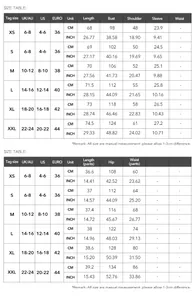 Detailed size chart for bohemian print top and shorts set with UK, US, and EU measurements