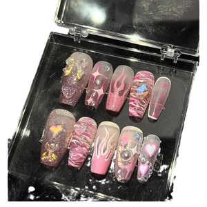 Pink and glitter y2k handmade coffin press-on nails with 3D bear and butterfly charms