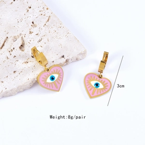 Detailed view of pink heart evil eye earrings with 3cm measurement and 8g weight specs