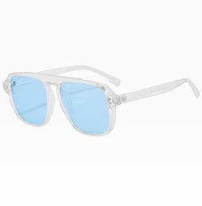 Close-up of stylish clear frame sunglasses with light blue lenses and side temple detail
