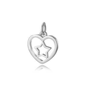 Silver heart pendant with star cutout design on a clean white background and reflection