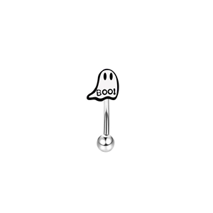 Gothic silver eyebrow piercing with white ghost design featuring BOO! text and metal ball