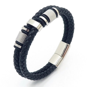 Men's double-layered braided leather bracelet with silver magnetic steel clasp