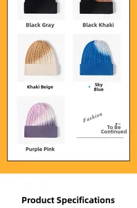 Detail of five multi-colored tie-dye knit beanies with thick texture and letter patch