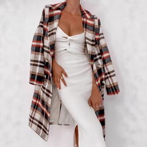 Cappotto Media Lunghezza A Quadri Da Donna Doppio Petto Collo A Revers Manica Lunga Stile Britannico Retro Giacca