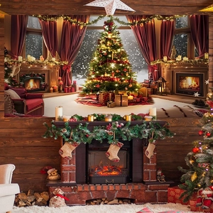 Detail of Christmas backdrop featuring a snowy window, lit fireplace, and a festive tree