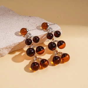 Vintage amber resin geometric round drop earrings with silver pins for women