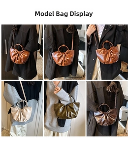 Collage of pleated cloud bags in various colors showing shoulder and crossbody styling