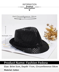 Detail view of a black sequin magic hat with size specs: 5cm brim and 11cm depth