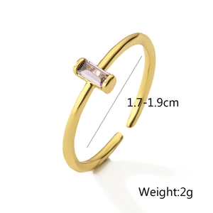 Detail view of gold-plated adjustable ring with rectangular lavender zircon and size specs