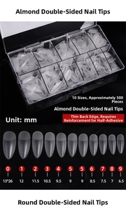 Size chart showing 10 dimensions for almond and round matte ultra-thin fake nail tips
