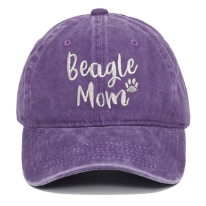 Close-up of white Beagle Mom embroidery and paw print on purple washed cotton baseball cap