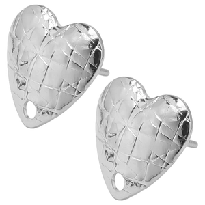 Macro detail of silver heart-shaped stainless steel earrings with textured wrinkled finish
