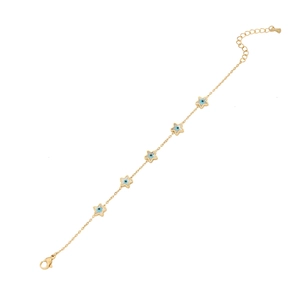 Gold evil eye star bracelet with blue enamel inlays and adjustable lobster clasp closure