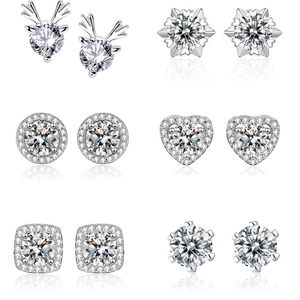 Stud Earrings Copper With Zircon And 925 Sterling Silver Earring Post Six-Prong Halo Heart Snowflake Reindeer For Women
