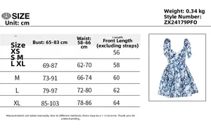 Tableau des tailles pour robe d'été à fleurs avec mesures du buste de la taille et de longueur