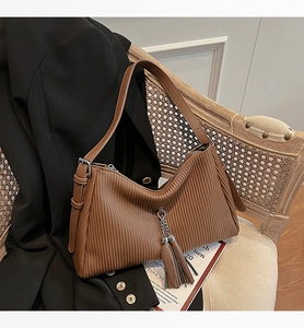 Detail of brown pleated shoulder bag featuring long tassels and silver-tone hardware