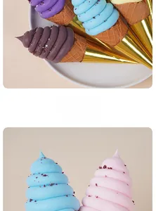 Detailed view of colorful realistic ice cream candles with golden waffle cones and sprinkles