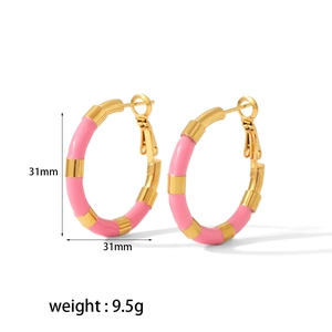 31mm 18k gold plated stainless steel hoop earrings with pink enamel coating for women
